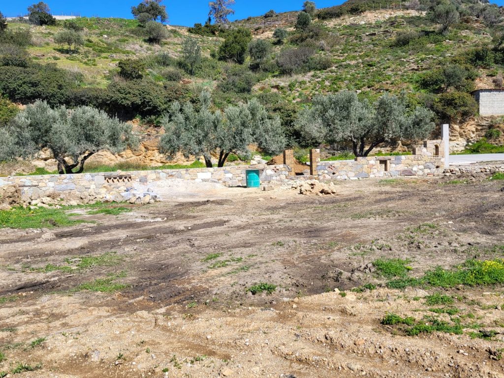 Φωτογραφία του οικοπέδου πάνω από δεντροστοιχία ελαιοδέντρων και δρόμου, διαμορφωνόμενη πλατφόρμα εντός οικοπέδου.